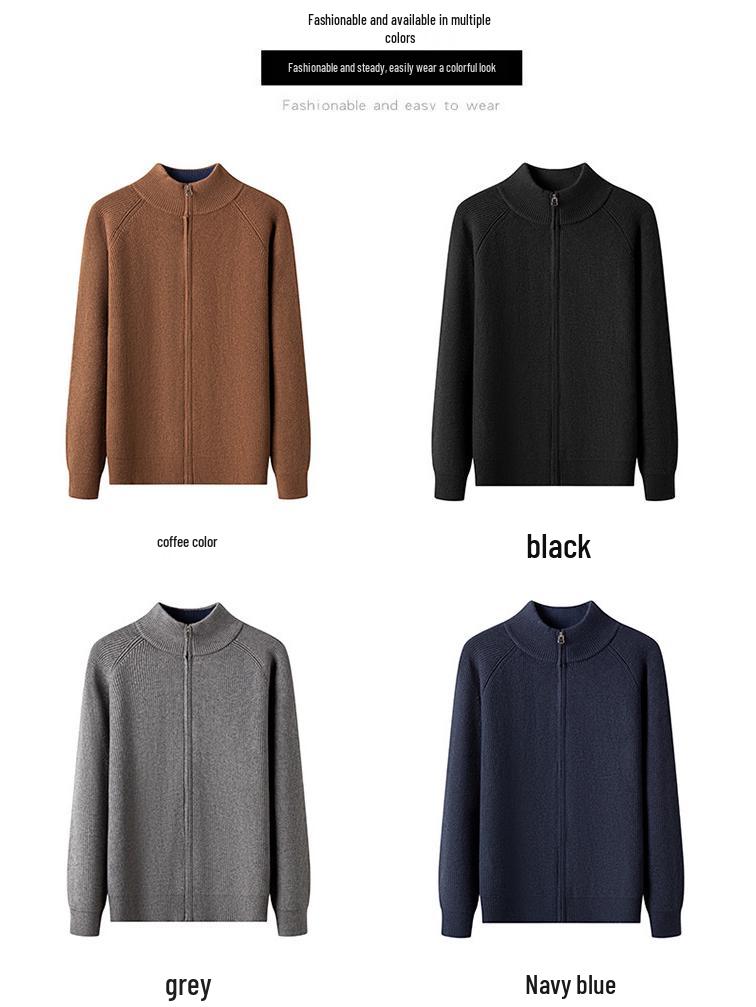 2025 Autumn/Winter Men's Stand-Up Collar Knitted Cardigan: Fashionable, Versatile Solid Color Sweater with Long Zipper.