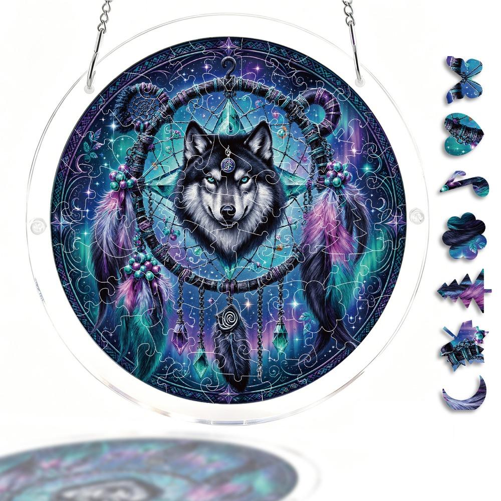 2D Flat, Two-Dimensional Flat Surface, Starry Sky Wolf-Shaped Acrylic Suncatcher Jigsaw Puzzle, Tribal Bohemian Style Window Hanging Ornament, Stained