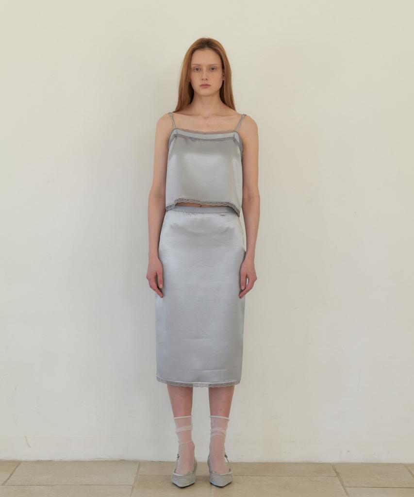 Aente Lace Satin Long Skirt - Silver Blue