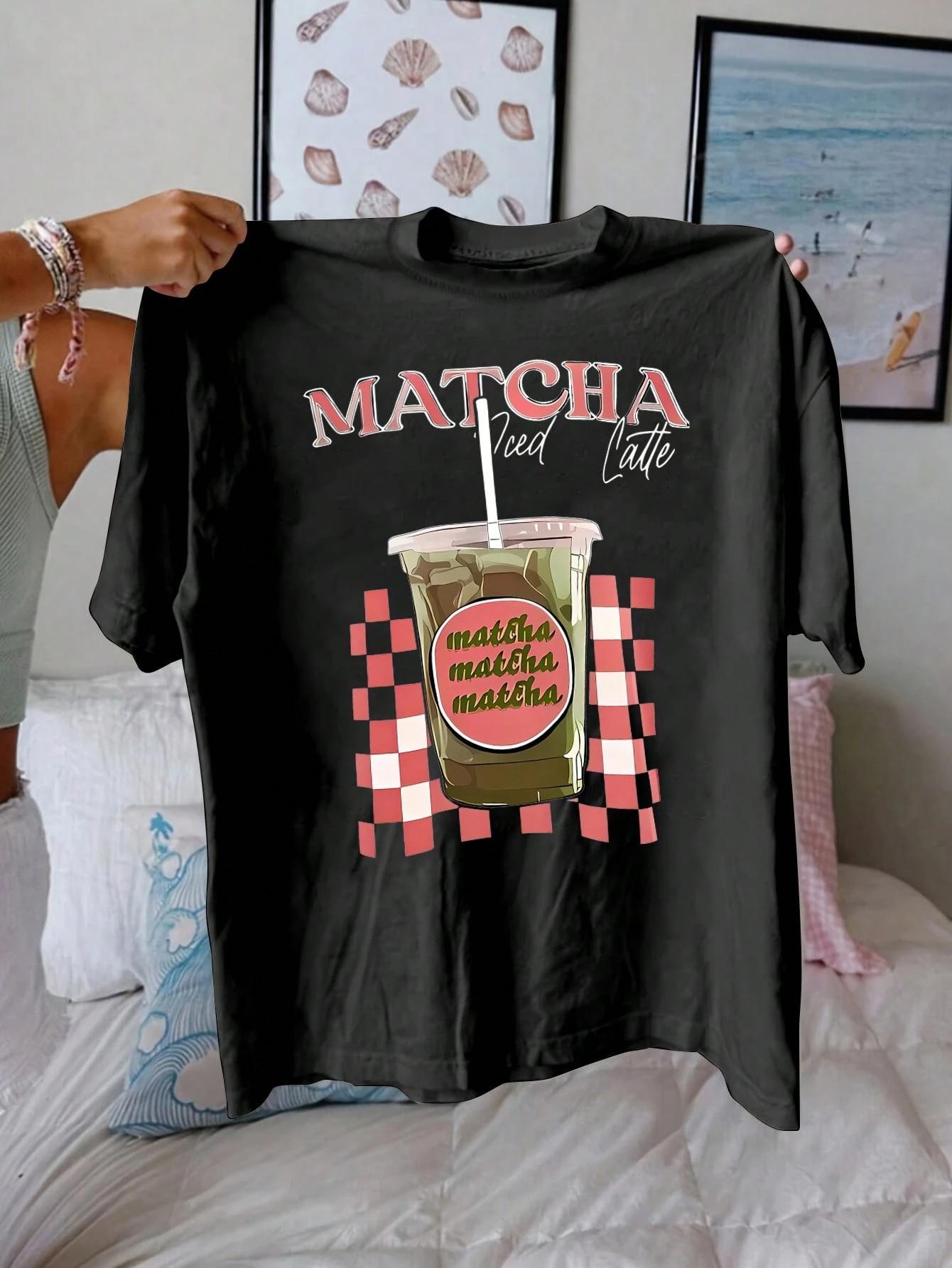 

Принт Напиток Матча со льдом Женские футболки Хлопковая многоцветная футболка Хип-хоп Летняя с коротким рукавом Y2K На каждый день Женская уличная одежда 4XL