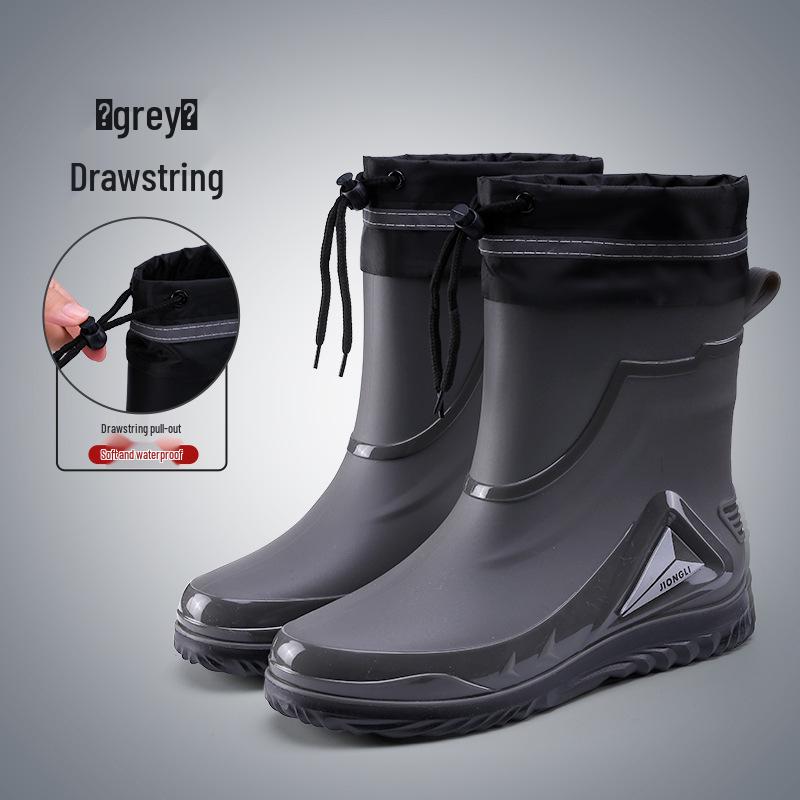 Ankle Height Lace-up Rubber Rain Boots with Fleece Lining and Non-Slip Sole