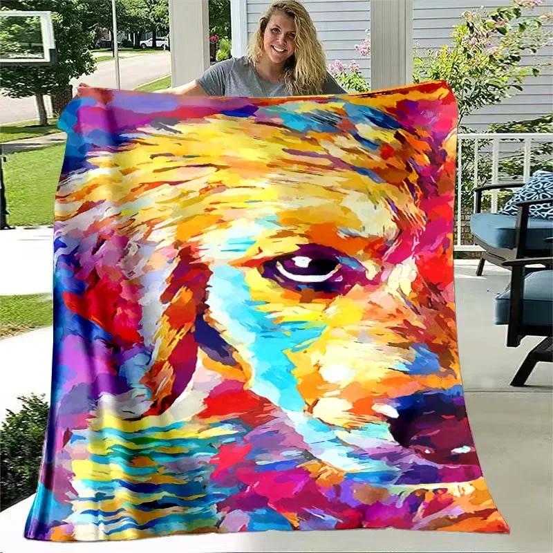 Cute Dog Painting Flannel Throw Blanket Colourful Dog Art Pattern Blanket for Bed Sofa Couch Super Soft Lightweight King Size
