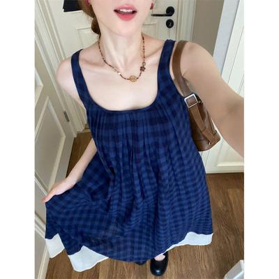 Blue Plaid Sleeveless Dress Literary Style Mori Retro Small Fresh Vacation Suspender Vest Long Dress