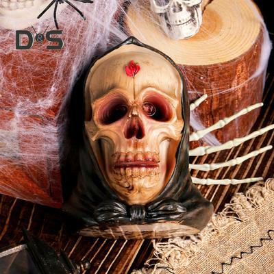 Realistic Human Skull Model Retro Resin Skull Head Statue with Hood Spooky Halloween Home Desktop Figurine Decoration