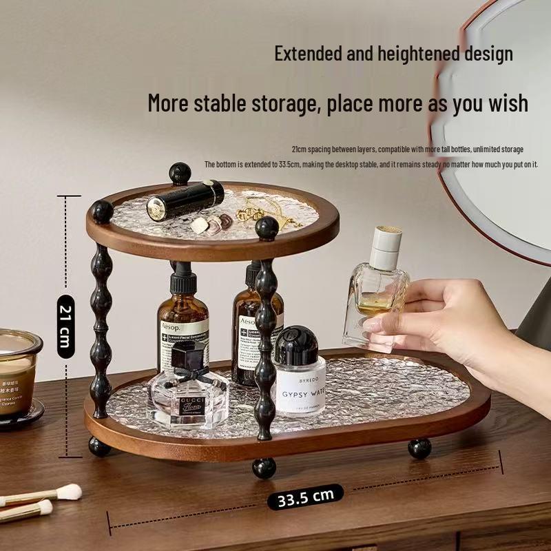 Vintage Light Luxury Acacia Wood Double-Layer Storage Rack for Home Countertop - Solid Wood Organizer for Cups & Cosmetics