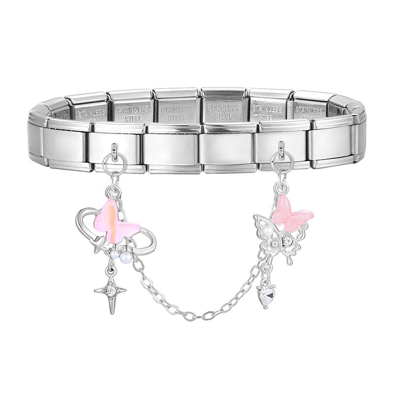 Y2K Zircon Moon Bow Star Pink Heart Tassel Chain Italian Charm Links Fit 9MM Stainless Steel Bracelet Women DIY Making Jewelry