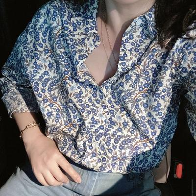 French-style Literary and Retro Shirt with Vine Prints Loose-fitting Figure-flattering and Long-sleeved