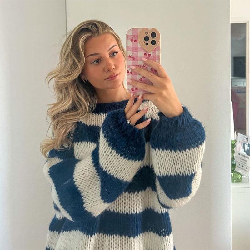 Beiläufige Gestrickte Gestreifte Pullover Frauen Lose Off Schulter Slash Neck Langarm Weibliche Pullover 2024 Herbst Dame Straße Jumper