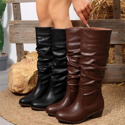 Ladies Shoes Slip-on Women's Boots Fashion Pleated Modern Boots Women Round Toe Plus Size Knee-High Boots