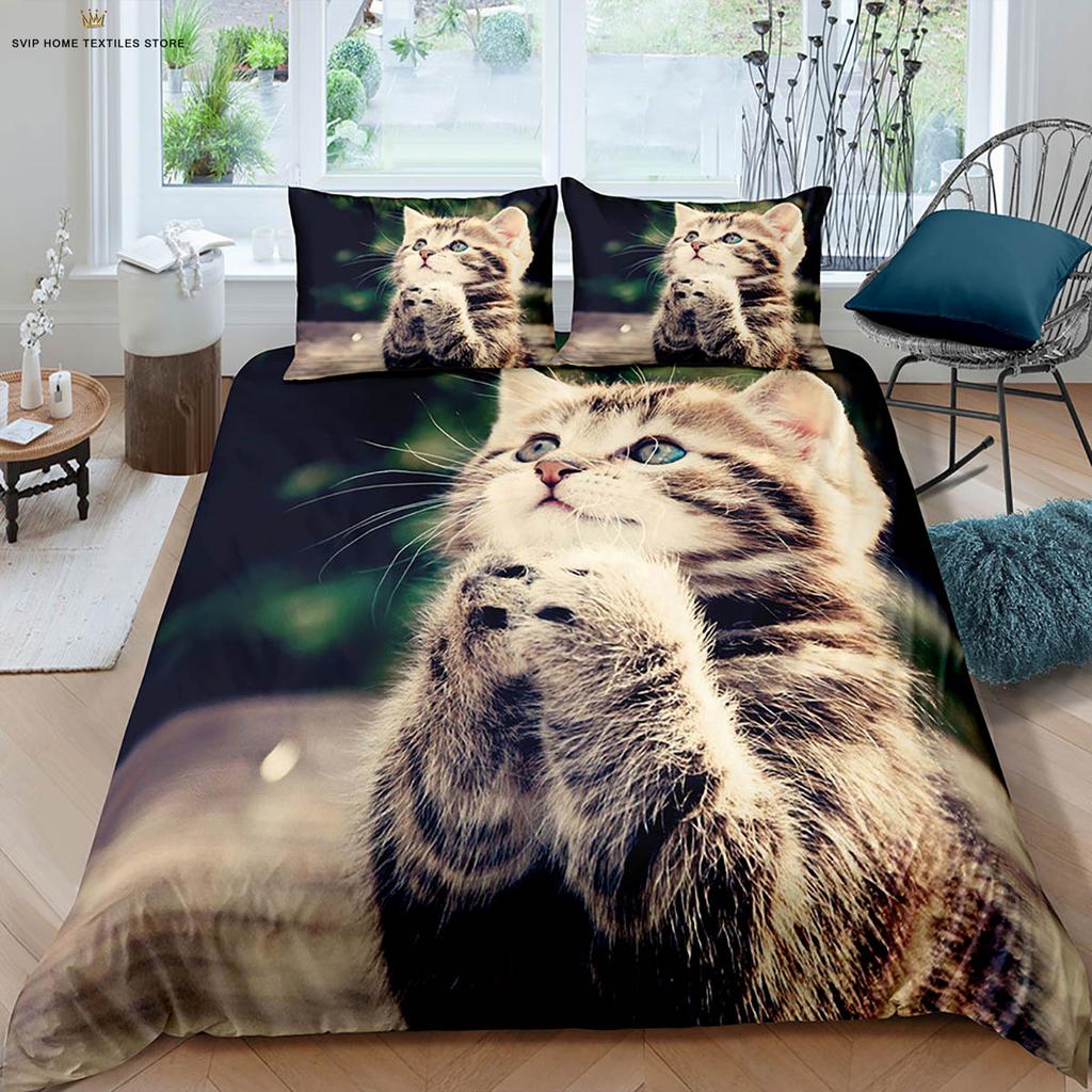 Comforter Cartoon Cute Cat 3D Printed Machine Washable Bedding Set Kids Gift 3 Pieces