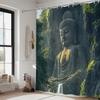 Tranquil Buddha Shower Curtain - Majestic Statue At Mount Emei, Polyester, Woven, Serene Scene With Trees & Waterfall