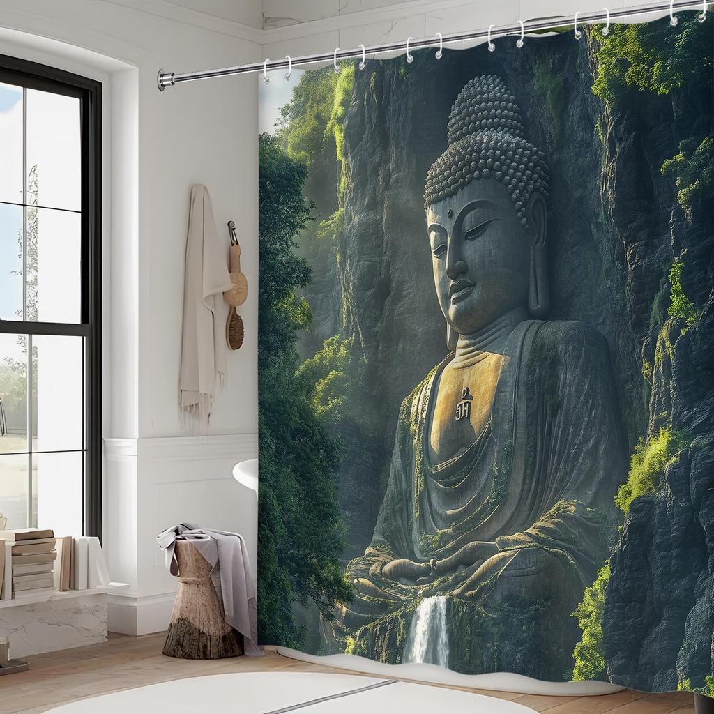 Tranquil Buddha Shower Curtain - Majestic Statue At Mount Emei, Polyester, Woven, Serene Scene With Trees & Waterfall