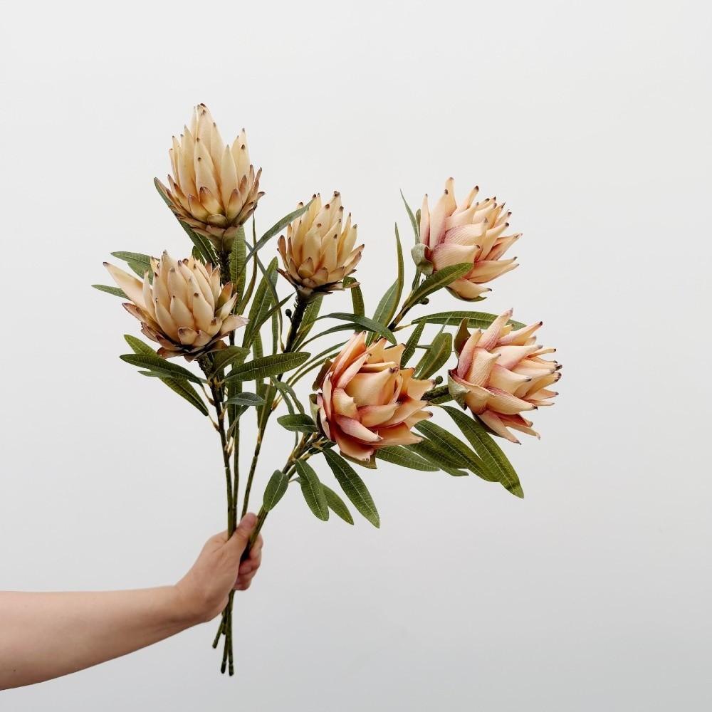 Floral Display Artificial Emperor Protea Flowers Flocked Faux Thistle Flowers Flower Arrangement