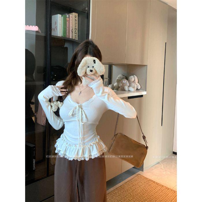 Wool Plush Lace Patchwork V-neck Ruffle T-shirt for Women - Autumn Style