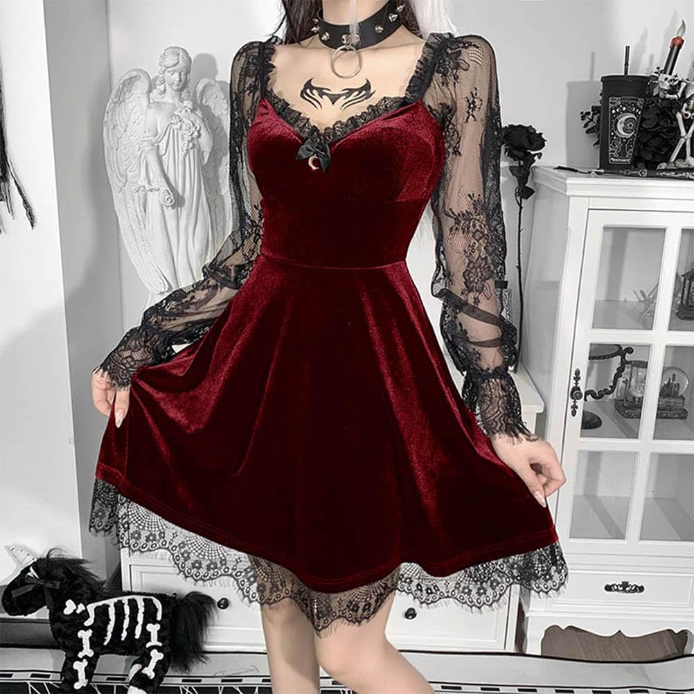 Gothic Lolita Dress with Lace Short Velvet Flare Cute Witch Halloween Costume Size Sleeves, Dress, Cosplay, (Red, M)