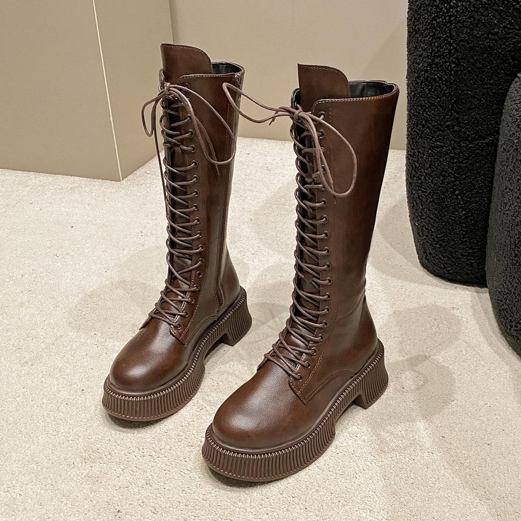 Fashion Lace-up Knight Boots Women's New Platform Mid Heel Block Heel No Knee Boots High