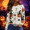 Women's Fashion Long Sleeve Neck Top with Slit Hem Halloween Print for Fall Party Occasion Wear