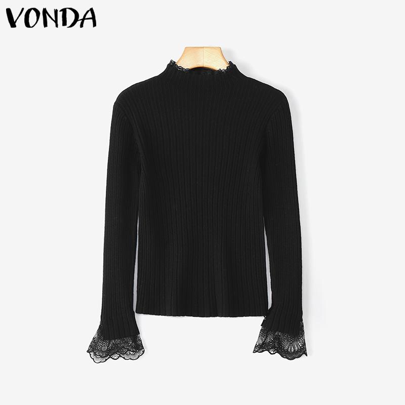 VONDA Autumn Women Turtleneck Long Sleeve Lace Hem Stretch Casual Knitted Sweater Undershirts