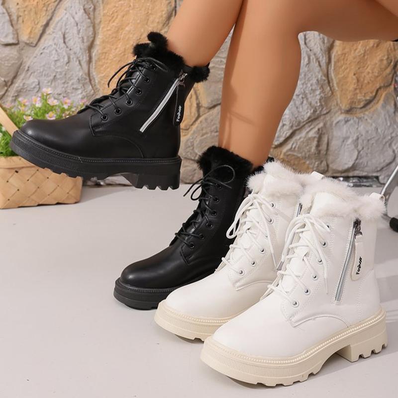 Autumn Winter Short Plush Ankle Boots Women Fashion Zipper Black Pu Leather Motorcycle Boots Woman Lace Up Platform Botas Mujer
