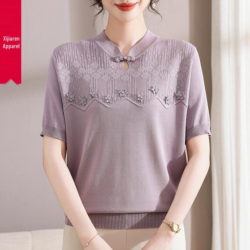 Stilvolles chinesisches Eis-Seiden-Kurzarm-T-Shirt & Strickjacke für Frauen mittleren Alters