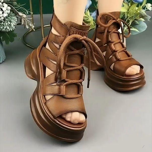 Sandals women's soft thick-soled hollow cool boots lace-up new breathable high-top light Roman sandals