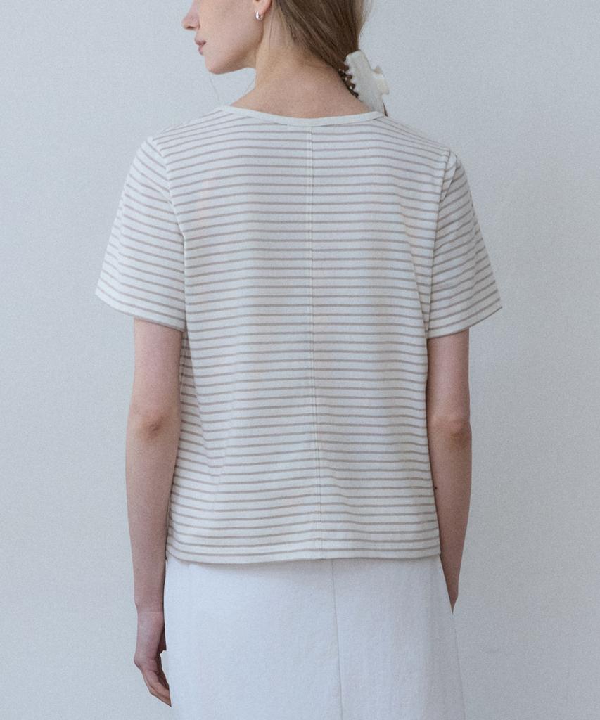 OURHOPE Logo Striped U-Neck T-Shirt - Beige