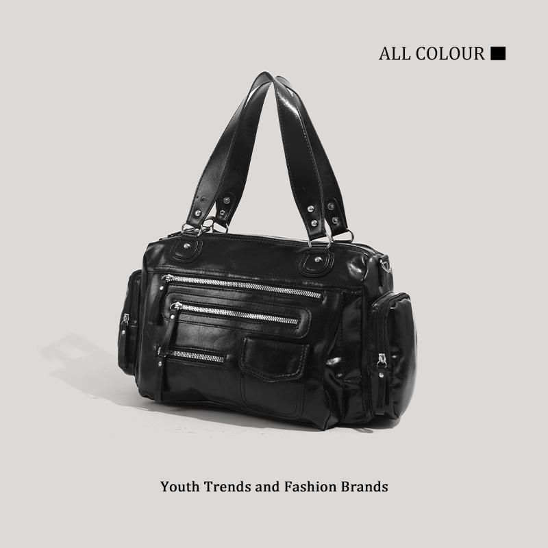 Black Retro Zipper Locomotive Bag New Casual Soft Handbag College Style Shoulder Messenger Bag