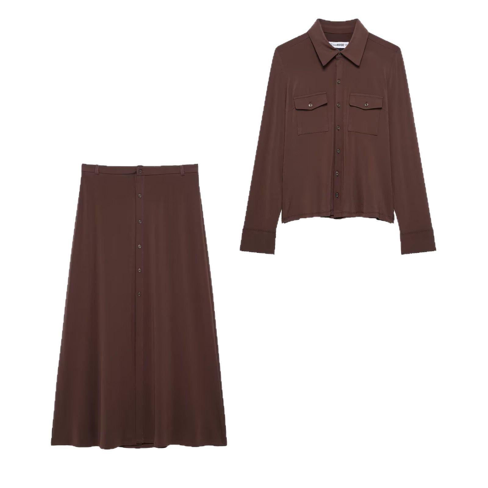 

TAOP&ZA Spring/Summer Women s Turn-Down Collar Long Sleeve Shirt & Half Skirt Set XS