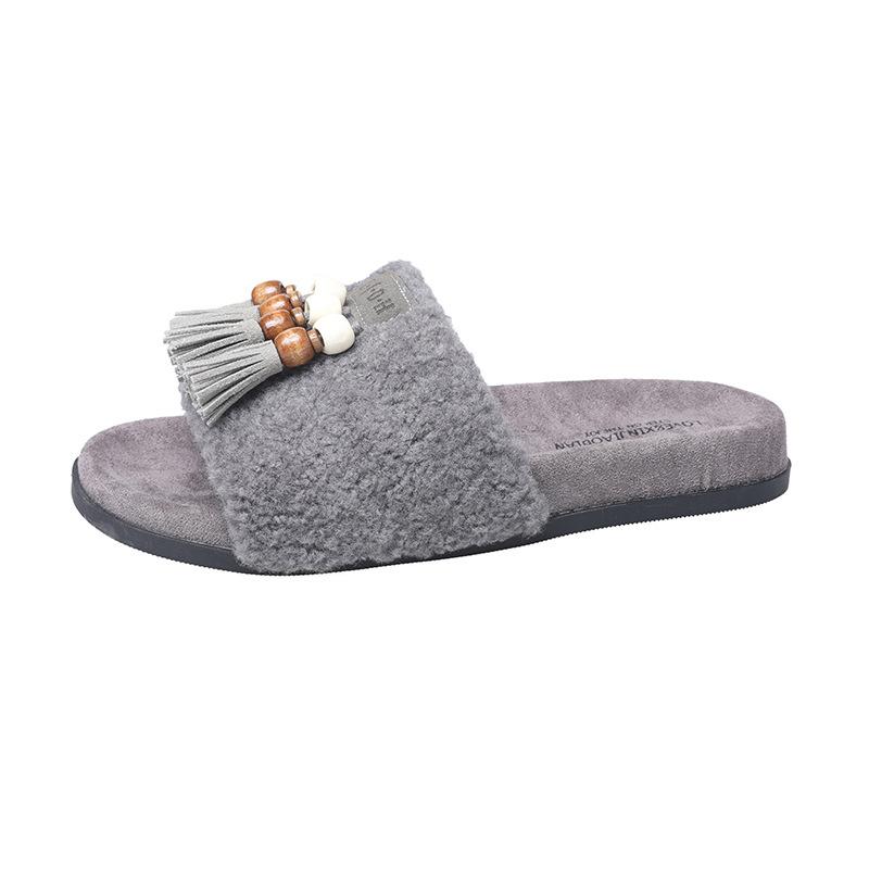 Thick-bottomed ethnic style fringed beaded fluffy slippers women's 2025 autumn new outer wear casual lazy one-word slippers