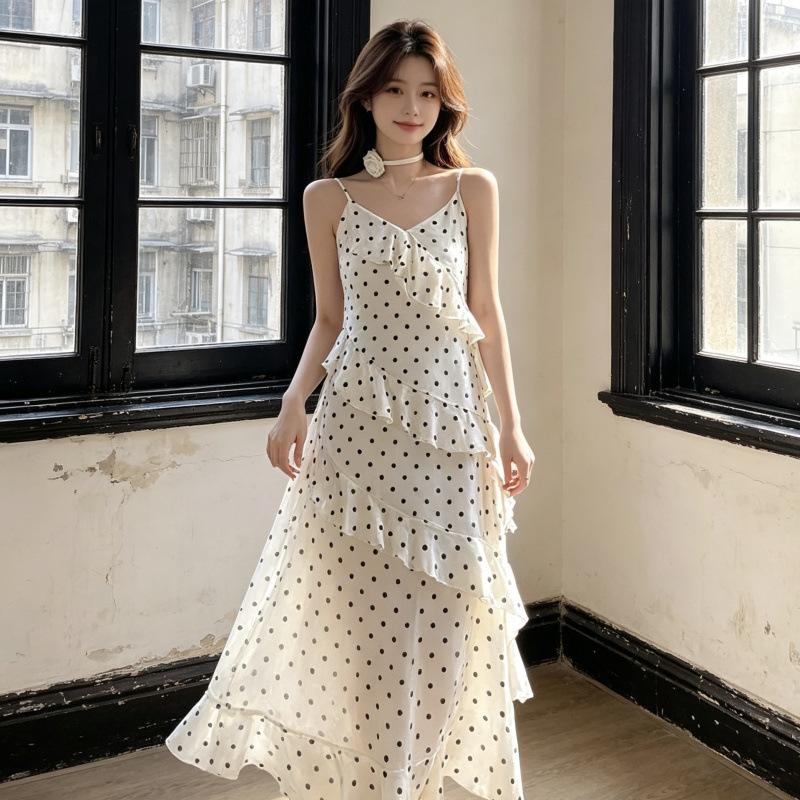 Polka Dot Suspender Dress Women's Summer New Design Sense Waist Thin French Ruffle Edge Long Skirt