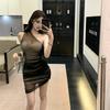 Mesh Splicing Perspective Slanted Shoulder Dress Women's Summer Sleeveless Temperament Waist Tight Spice Girl Sexy Hip Skirt