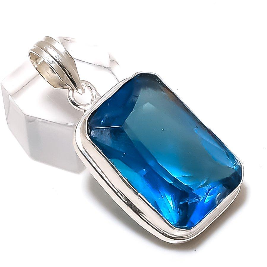 Naturlig Blå Topas Ädelsten Handgjord 925 Sterlingsilver Hänge 1.65" m5E36