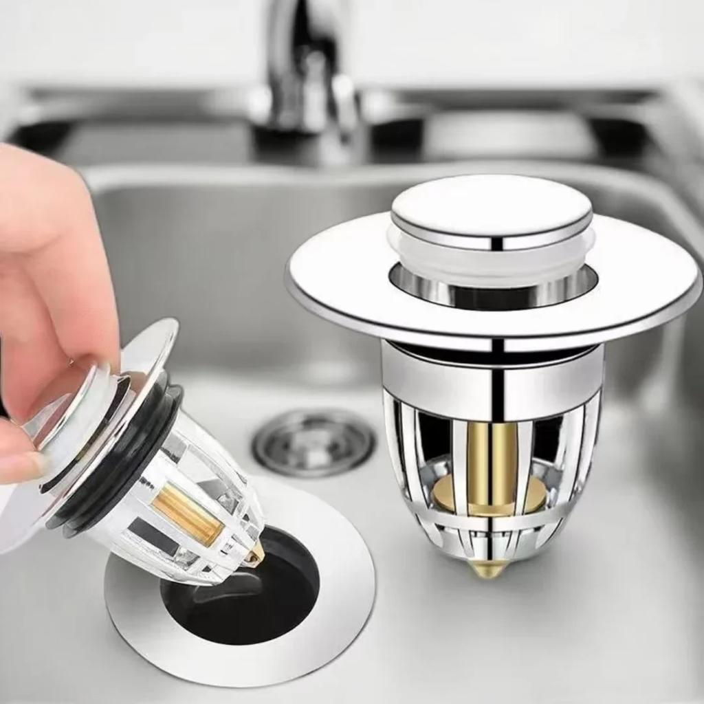 Rebound Drain Plug Filter Basin Pop-Up Chrome Sink Universal Filter With Hair Catcher Bathroom Sink Drain Plug Easy To Push