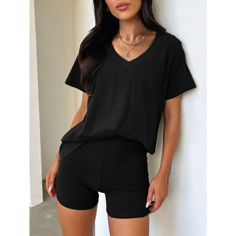Women V Neck Short Sleeve Solid Color Casual Summer Two Piece Outfit Set