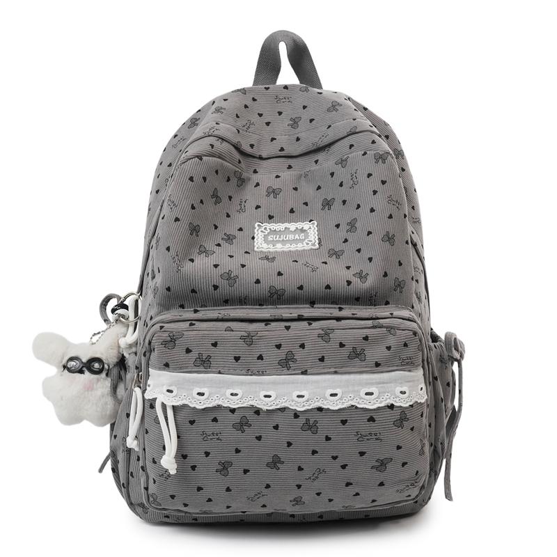 College Style Bow Print Schoolbag Women's Corduroy Backpack Large Capacity Student Backpack