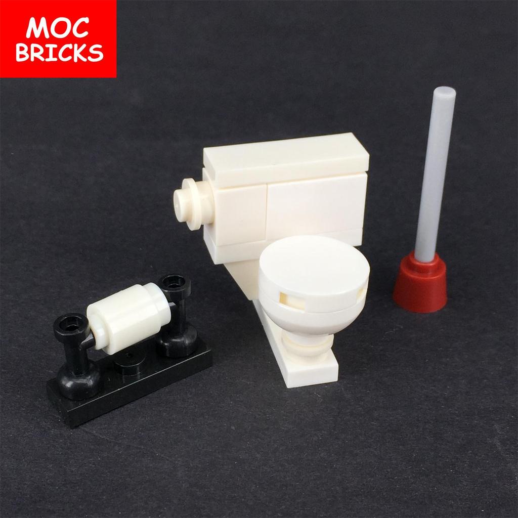 MOC Bricks Toilet WC with Loo Roll and Plunger Bog Brush Toys Figures Educational Building Blocks