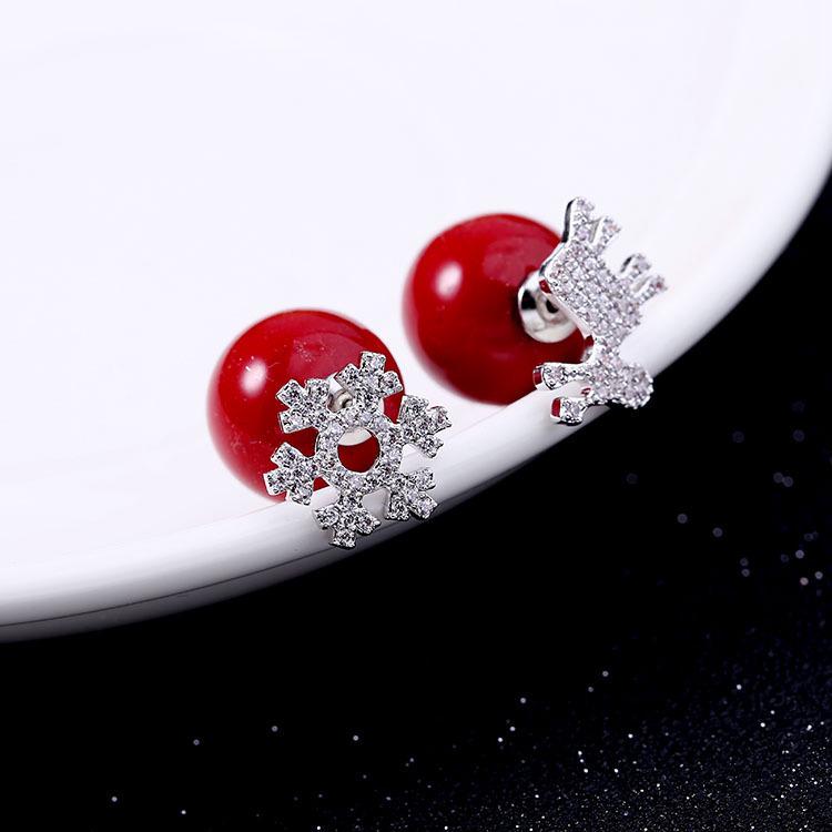 Korean Red Pearl Snowflake Reindeer Stud Earrings - Silver-Plated Christmas Jewelry Gift for Women