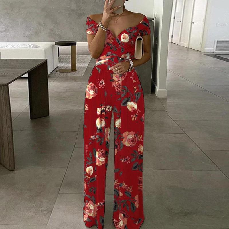 2026 spring new women's clothing, cross-border foreign trade Europe and the United States, one-word collar temperament printed casual wide-leg pants