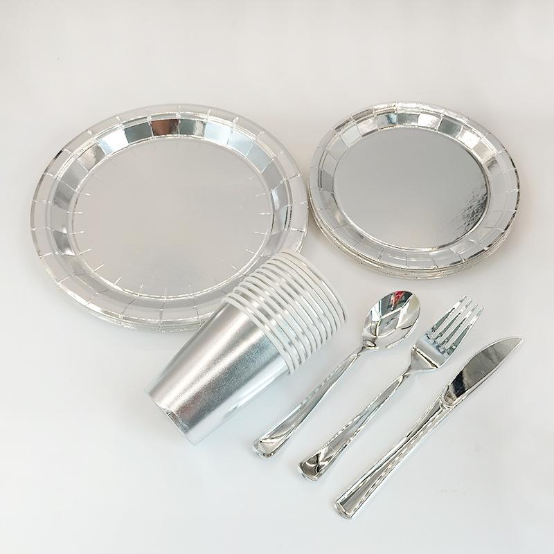 Silver Paper Plates Banner Tablecloth Birthday Party Decor Disposable Tableware Set Baby Shower Wedding Bachelor Party Supplies