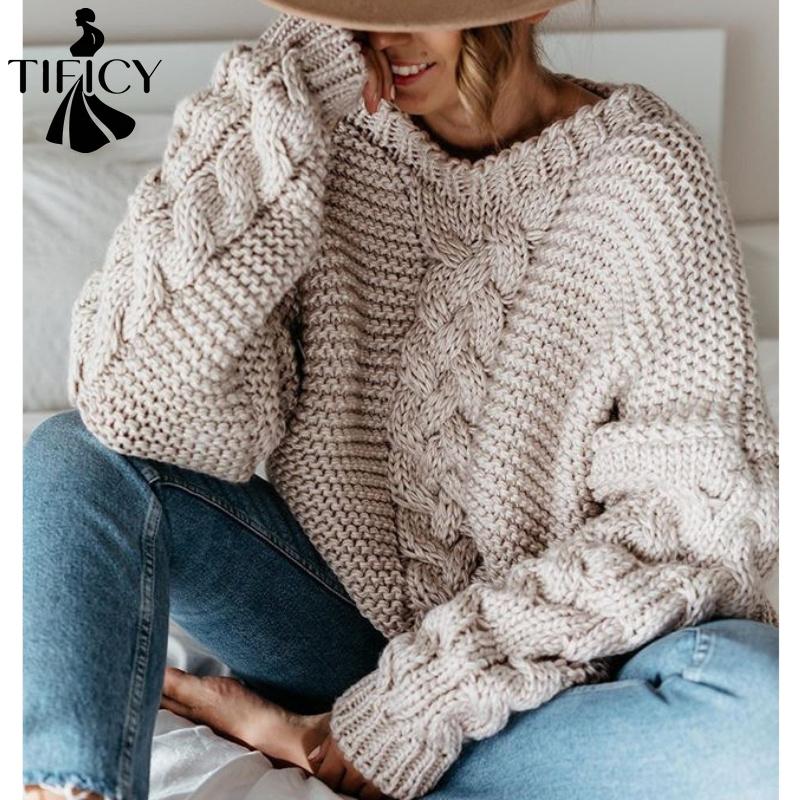 TIFICY Women's Fashion Casual Fall Winter Solid Color Print Long Sleeve O-Neck Sweaters