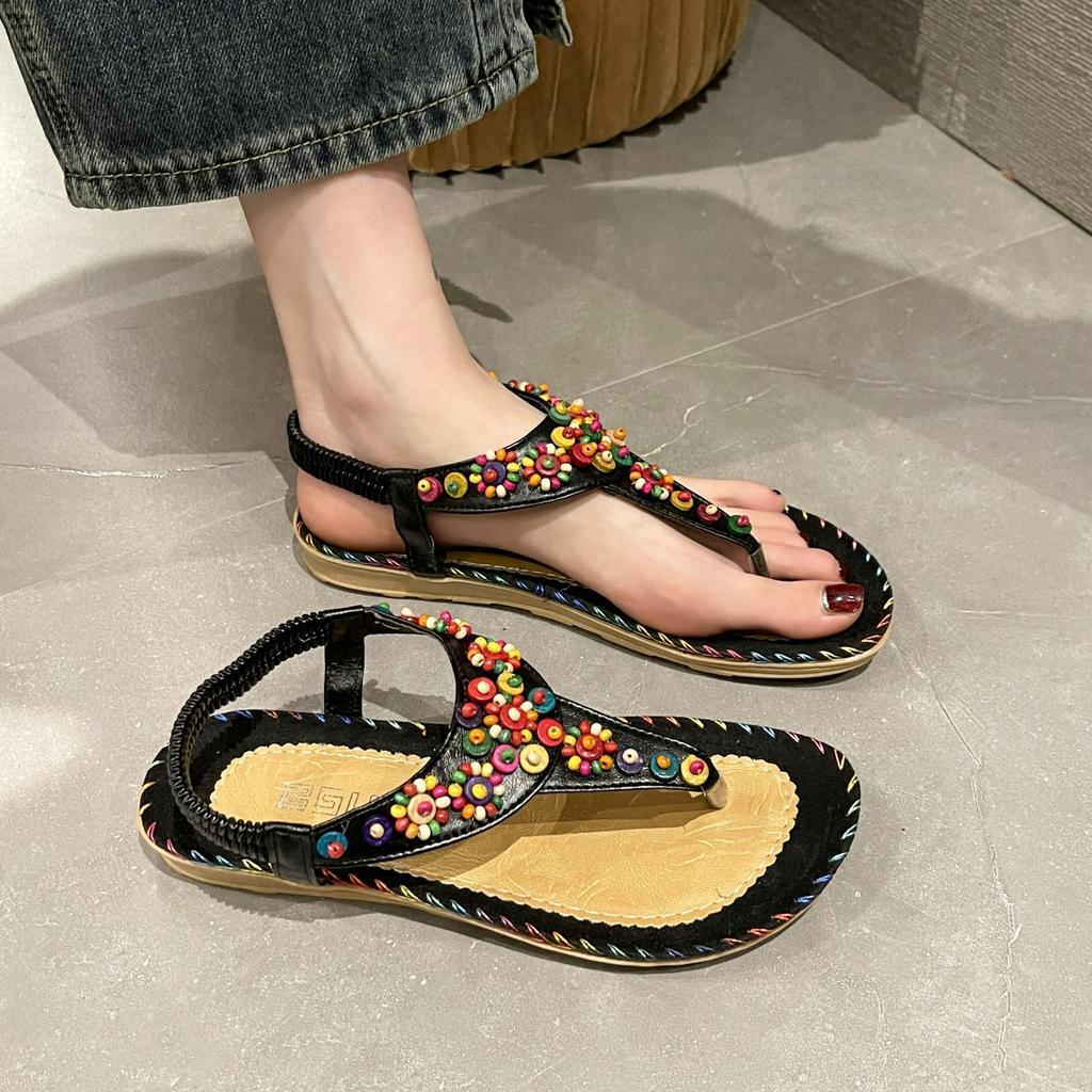 Flat Sandals Women's Summer Bohemian Clip-on Flat Sandals Women's Beaded Beach Shoes Women