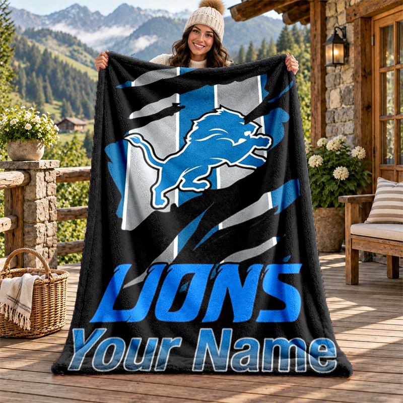 Detroit Lions Custom Name Flannel Blanket Personalized Soft Warm Plush Throw Blanket Customized Gift for Family Friends