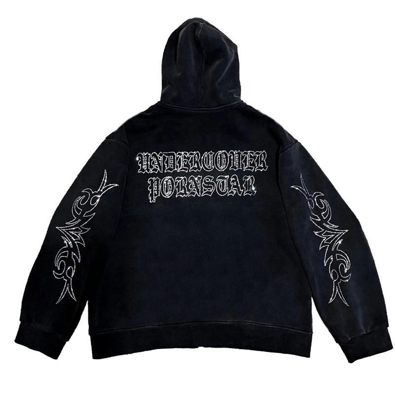 Oversized Gothic Hoodie With Rhinestone Letter Print Zip-Up Sweatshirt Women Streetwear Casual