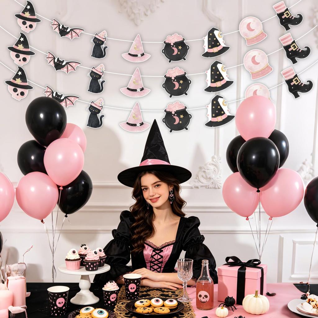 3pcs Pink‑Black Witch Garlands Halloween Birthday Decor for Girls, Skull Bat Black Cat Crystal Ball Wall Table Backdrop Supplies