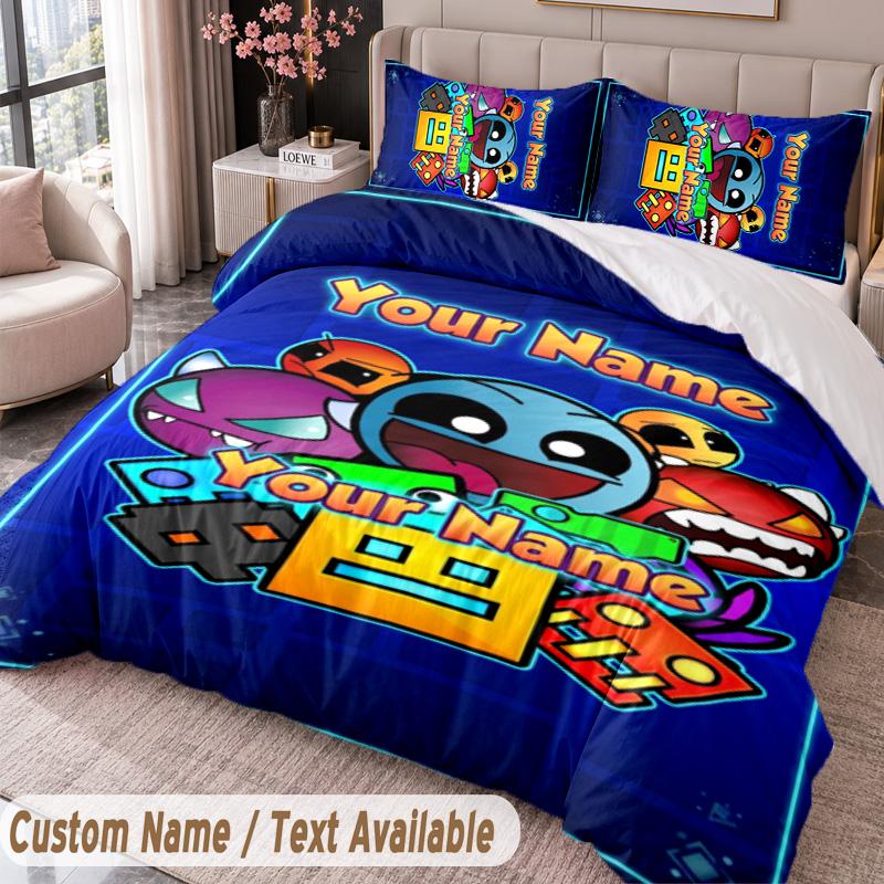Custom Name Text 3Pcs Bedding Set Geometry Dash Duvet Cover And Two Pillowcases