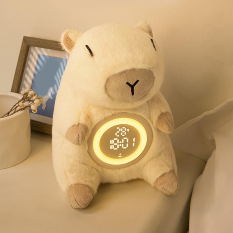 Kinder Plüsch Wecker mit Capybara-Thema und einstellbarer Helligkeit Nachtlicht 2 Alarme Schlummerfunktion USB-wiederaufladbar