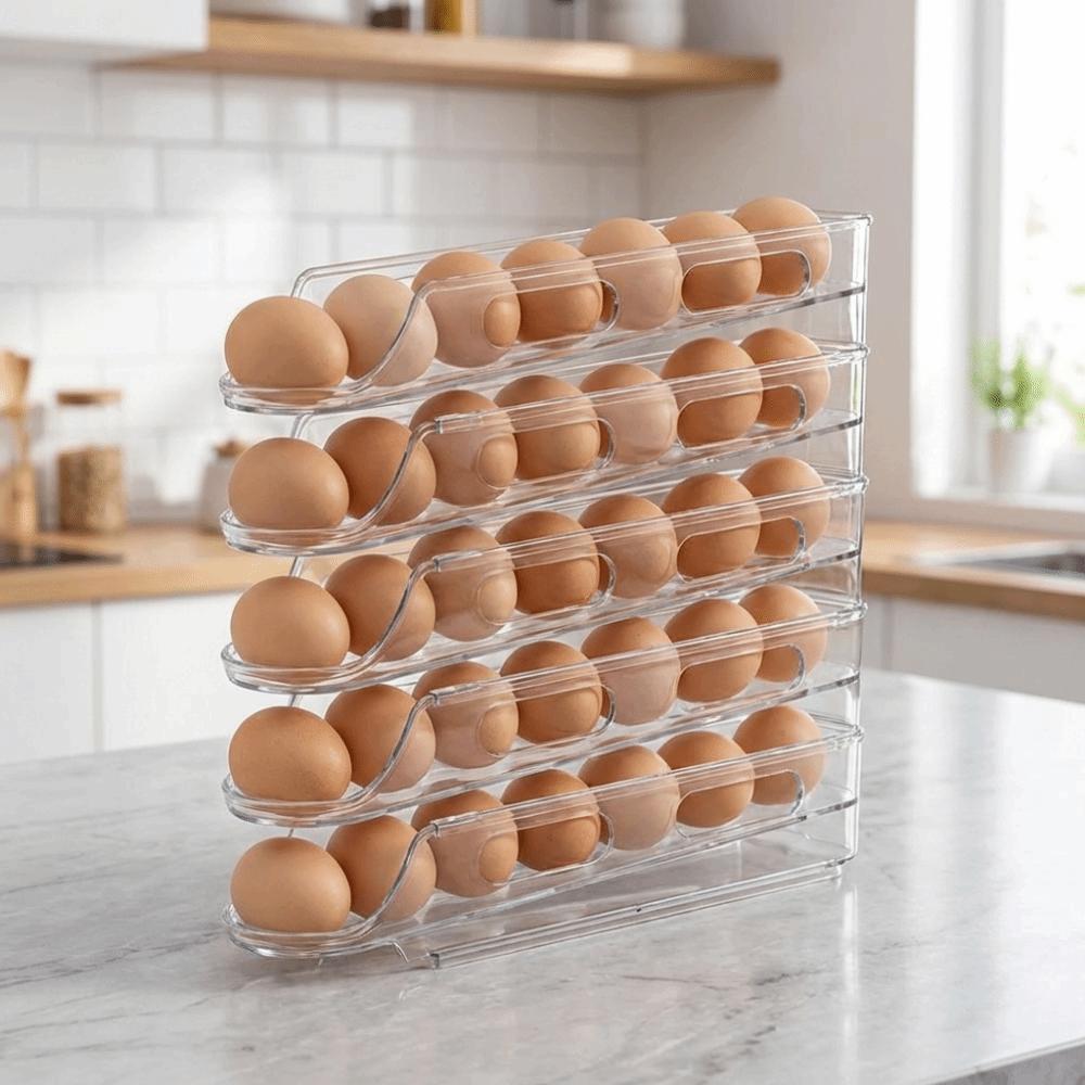 2PCS Clear Roll Off Egg Storage Rack Plastic Egg Storage Box Egg Storage Trays  for Kitchen