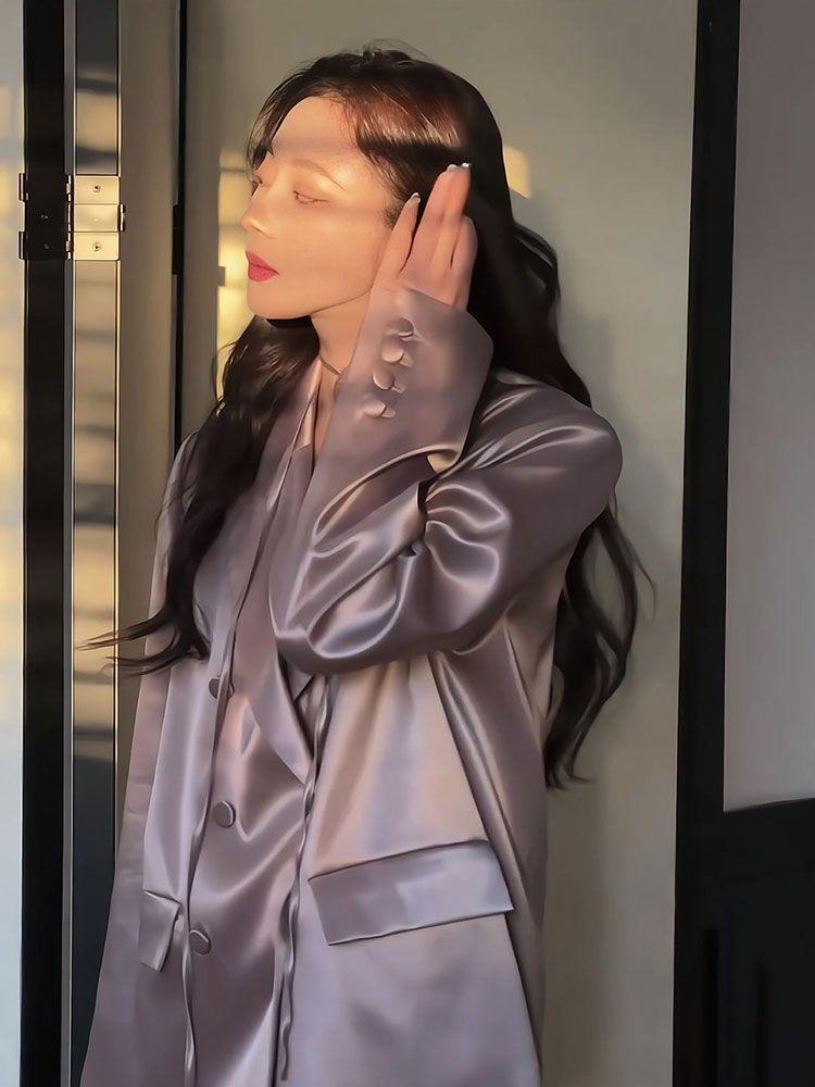 Niche Design Women's Satin Blazer - Double-Breasted, High-End Korean Fashion for Spring & Autumn 2025