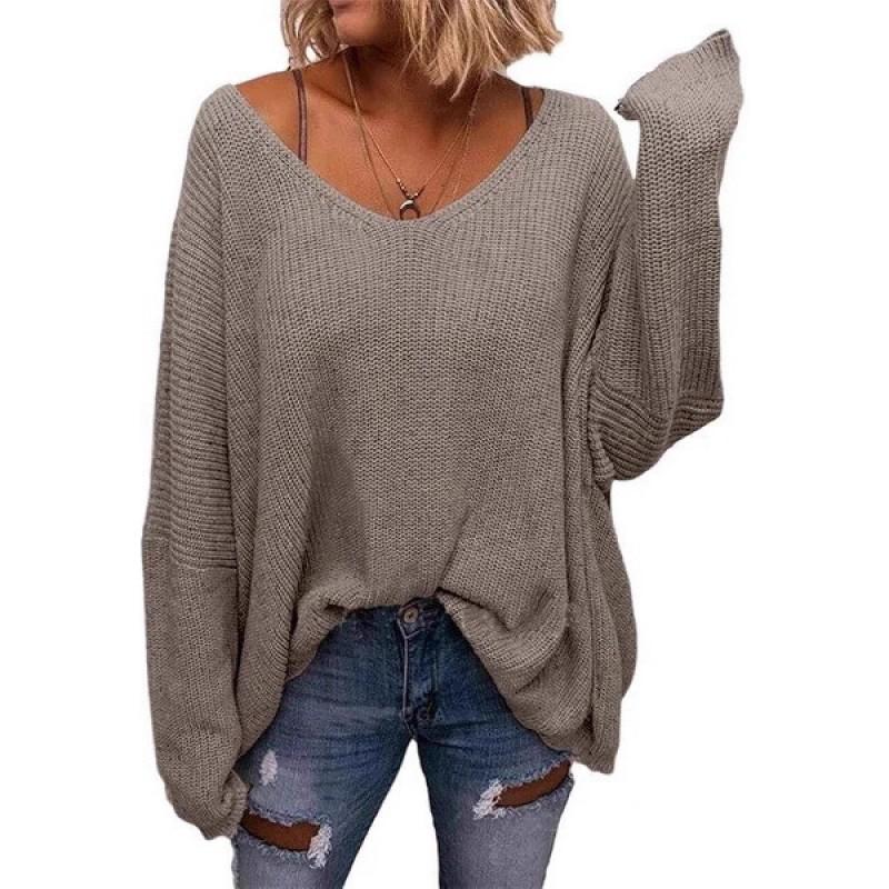 Womens V-Neck Loose Long Sleeve Knit Sweater Winter Casual Home Outfit