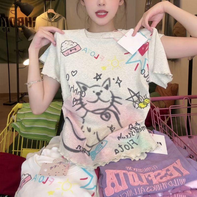 Sweet and Spicy Cartoon Cat Printing Shoulder Short-Sleeved T-shirt Female Summer Wooden Ear Silm Ruched Waist-Controlled Top Tide